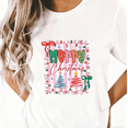 thumbnail image 1 of Women's White Print Tshirt Graphic Tees Shirts Merry Christmas Colorful Tree Bow Light Print Tshirt Tops S-5XL, 1 of 5