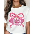 thumbnail image 1 of Women's White Print Tshirt Graphic Tees Shirts Pink Bow Merry Christmas Tree Holiday S-5XL Tops, 1 of 5