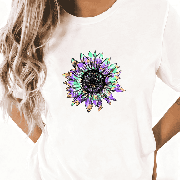 Women's White Print Tshirt Graphic Tees Shirts Rainbow Sunflower Art Design Tops S-5XL