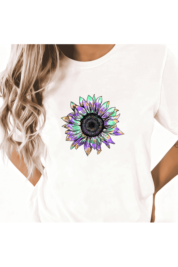 Women's White Print Tshirt Graphic Tees Shirts Rainbow Sunflower Art Design Tops S-5XL