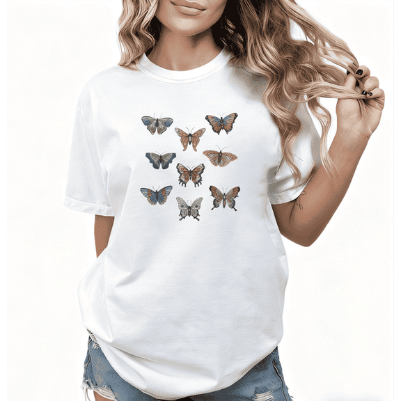 Women's White Print Tshirt Graphic Tees Shirts S - 5XL Nature Lover Butterfly Floral Tops