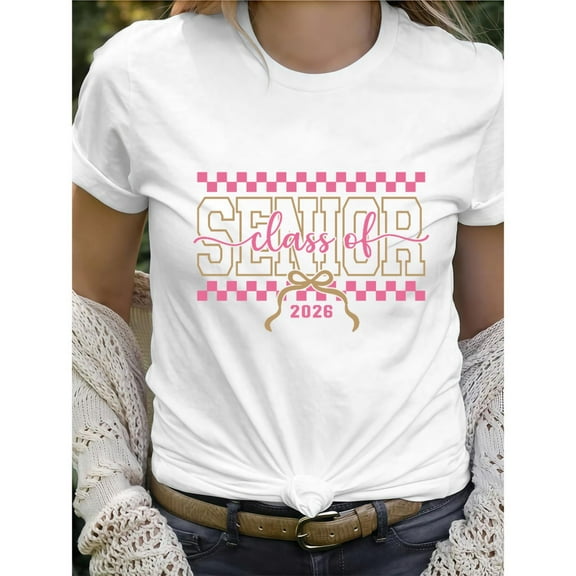 Women's White Print Tshirt Graphic Tees Shirts Senior Class Of 2026 Pink Checkered Graduation S-5XL Tops