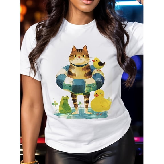 Women's White Print Tshirt Graphic Tees Shirts Summer Cat Frog Duck Watercolor Design Casual Tops S-5XL