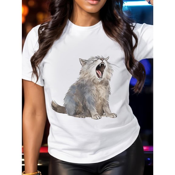 Women's White Print Tshirt Graphic Tees Shirts Yawning Cat Watercolor Pet Design Casual Tops S-5XL