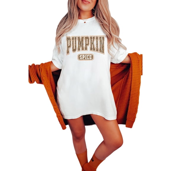 Cute and Stylish White Tunic T-Shirt with Pumpkin Spice Leopard Slogan Print, L