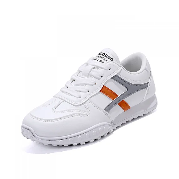 Women's White Retro Sneakers with Grey & Orange Stripes, Lace-Up Comfort Casual Shoes
