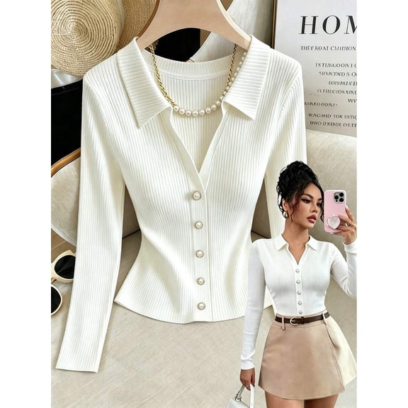 Women's White Ribbed Knit Button Down Collared V-Neck Top
