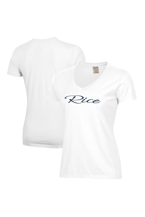 Women's White Rice Owls Script Logo Comfort Wash V-Neck T-Shirt