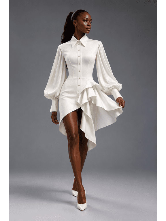 Women's White Ruffle Asymmetric Line with Mini Length Mini Dress with Long Sleeve for Wedding Guest, Prom and Evening Party