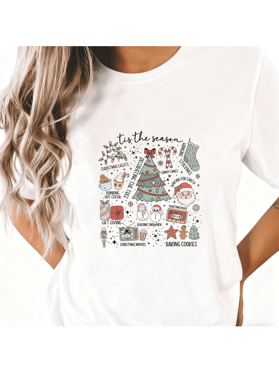 Women's White S-5XL Graphic T-Shirt Tis The Season Christmas Elements Print Casual Tee Top for Holiday & Lifestyle Lovers, Short Sleeve T-Shirt Tops