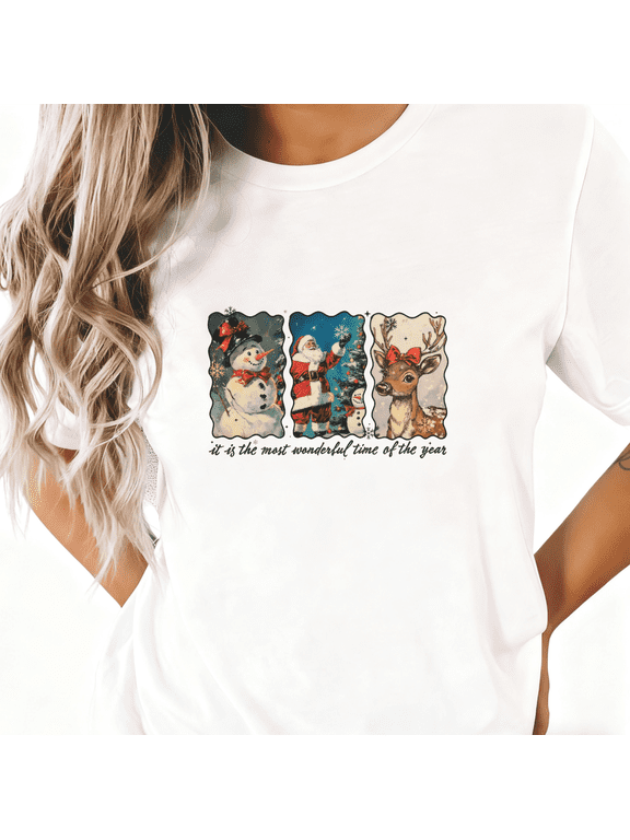 Women's White S-5XL Graphic T-Shirt The Most Wonderful Time Retro Christmas Elements Print Casual Tee Top for Holiday & Vintage Style Lovers, Short Sleeve T-Shirt Tops