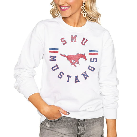 Women's Gameday Couture White SMU Mustangs Oversized Vintage Days Perfect Crew Sweatshirt
