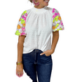 thumbnail image 1 of Women's White Sequin Flower Puff Sleeve Textured Top - [ZhiHiMeRi] | (US 12-14)L, 1 of 7