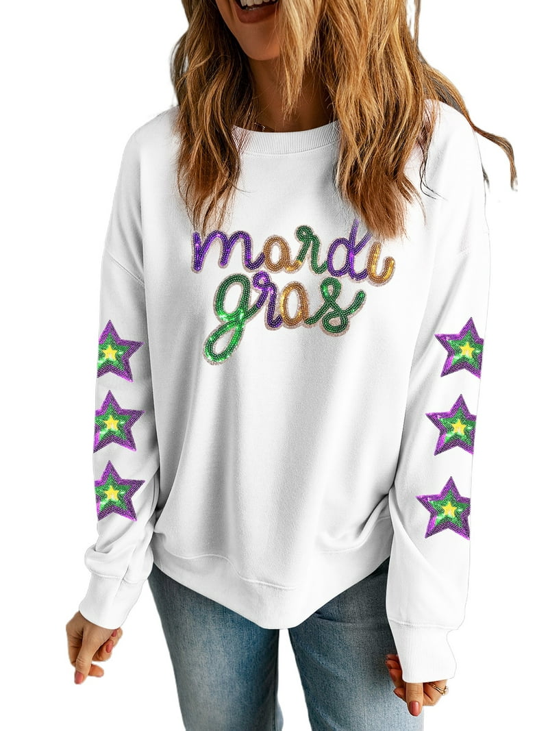 Women's White Sequin Mardi Gras Graphic Pullover Sweatshirt with