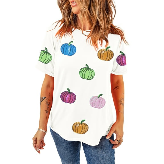 Women's White Sequin Pumpkin Patched Casual T-Shirt - Fall Graphic Tee | [ZhiHiMeRi] | (US 20-22)2XL