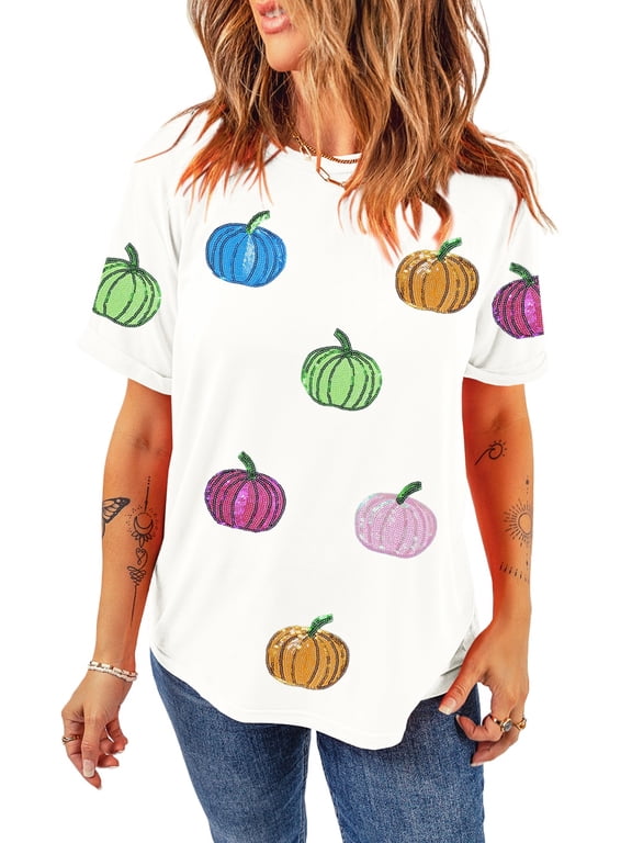 Women's White Sequin Pumpkin Patched Casual T-Shirt - Fall Graphic Tee | [ZhiHiMeRi] | (US 8-10)M