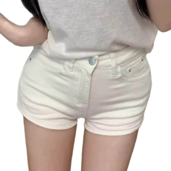 Women's White Slim Fitting Denim Shorts Mid Waisted Thin Jean Shorts for Teen Girls Casual Summer Streetwear White XXL