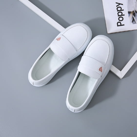 Women's White Slip-On Loafers with Heart Detail, Comfortable Casual Flat Shoes, Breathable Daily Wear Shoes for Women
