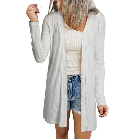 Women's White Solid Color Ribbed Button-Up Tunic Cardigan for Casual Elegance | [ZhiHiMeRi] | (US 12-14)L