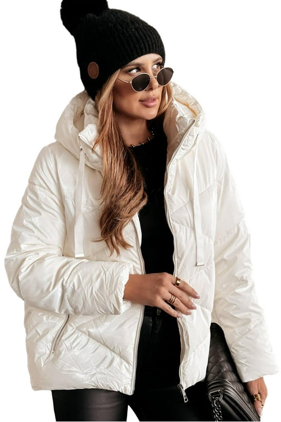 Women's White Solid Quilted Hooded Zip Up Puffer Jacket for Winter - [ZhiHiMeRi] | (US 20-22)2XL