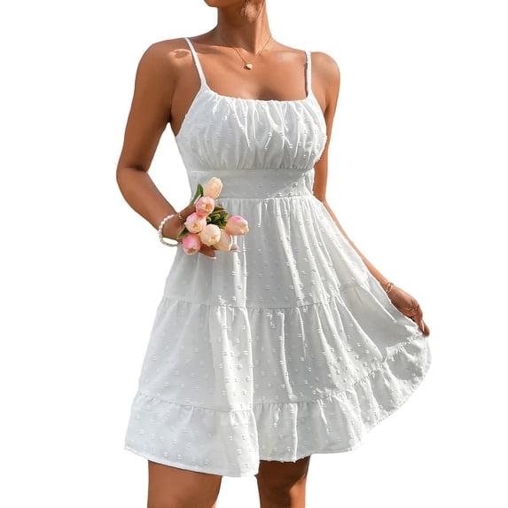 Women's White Spaghetti Strap Tiered Mini Dress, Square Neck Swiss Dot Casual Summer Graduation Dress