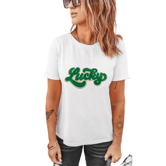 Women's White St. Patrick Lucky Chenille Glitter Graphic T-Shirt, (US 4-6)S