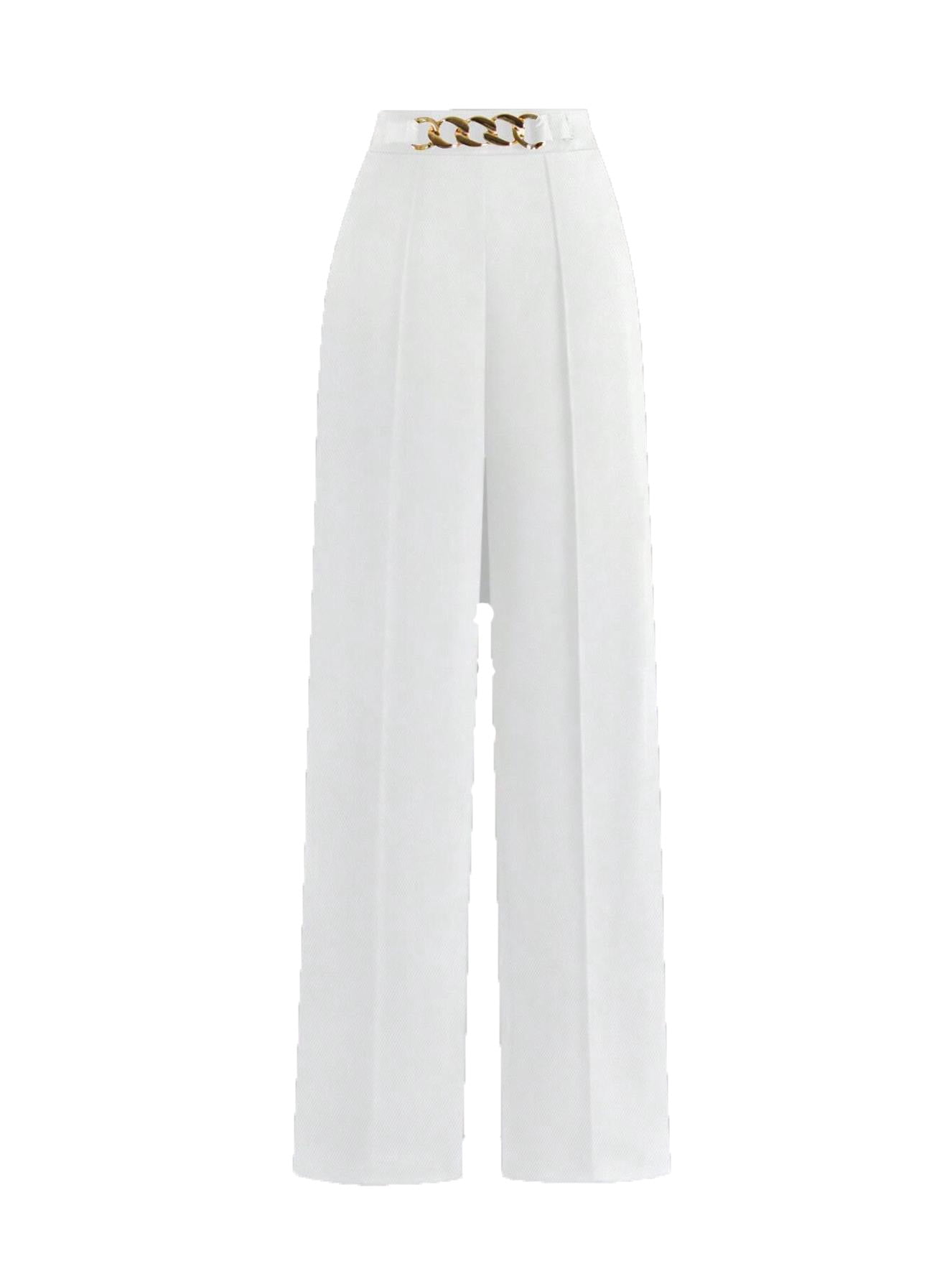 Women's White Straight Leg Pants with Elegant Chain Waist and Front ...
