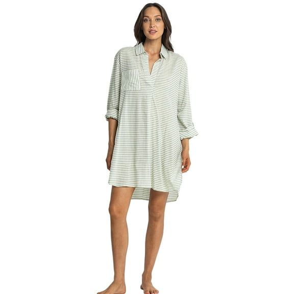 Women's White Stripe Collared V Neck Long Sleeve Beach Cover-Up with Chest Pocket | [ZhiHiMeRi] | (US 20-22)2XL