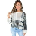 thumbnail image 1 of Women's White Stripe Hollow-out Openwork Knit Puff Sleeve Sweater | [ZhiHiMeRi] | (US 12-14)L, 1 of 12