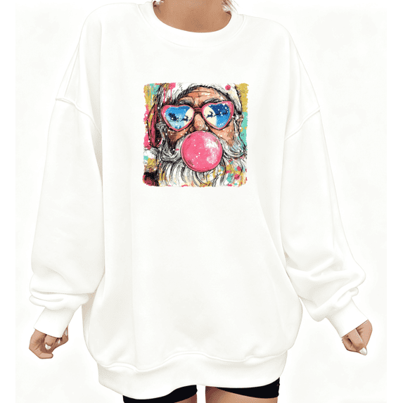 Women's White Sweatshirt Graphic Tees Shirts "Hipster Santa with Bubble Gum" Whimsical Art Design Tops S-3XL