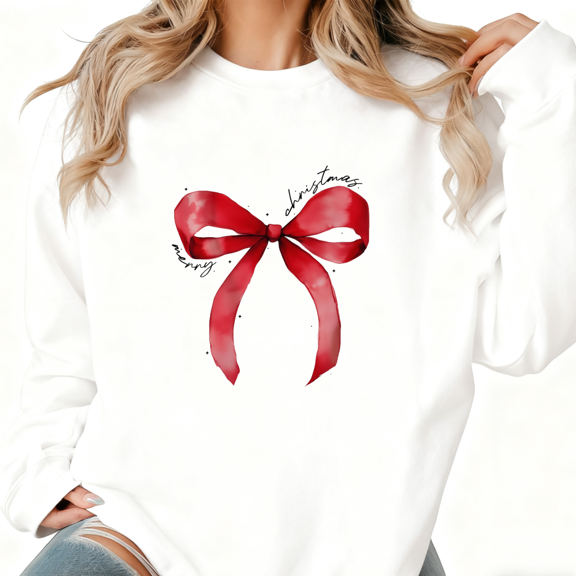 Women's White Sweatshirt Graphic Tees Shirts Watercolor Red Bow "Merry Christmas" Art Design Tops S-3XL