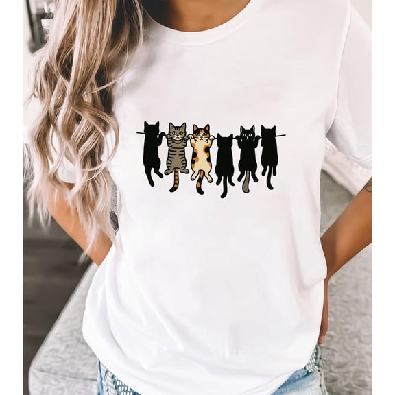 Women's White T-Shirt Graphic Tees "Cats Hanging On Line" Pet Humor Design Shirts S-5XL Casual Daily Tops
