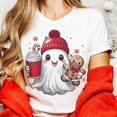 thumbnail image 1 of Women's White T-Shirt Graphic Tees "Christmas Ghost With Coffee & Gingerbread Man" Holiday Humor Design Shirts S-5XL Casual Daily Tops, 1 of 5