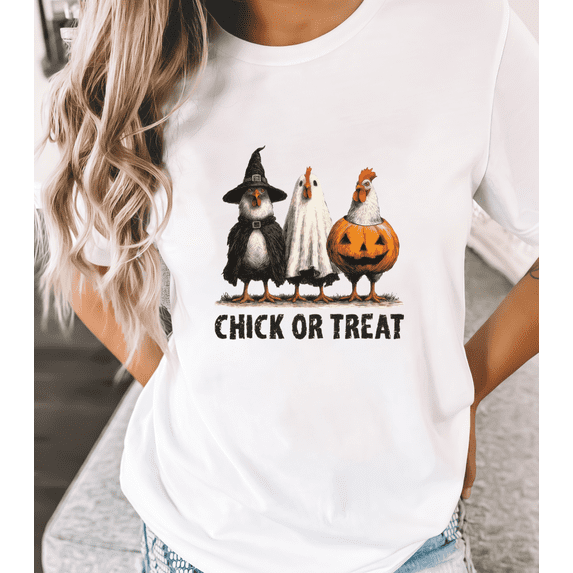 Women's White T-Shirt Retro Halloween Chicken "Chick or Treat" Graphic Design Casual Tees S-5XL