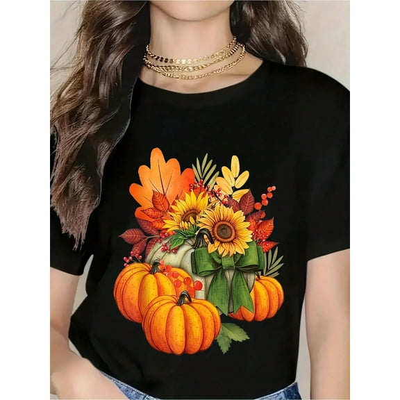 Women's White T-Shirt With Autumn Pumpkin And Sunflower Print - Casual Fall Seasonal Top For Daily Wear And Harvest Festival