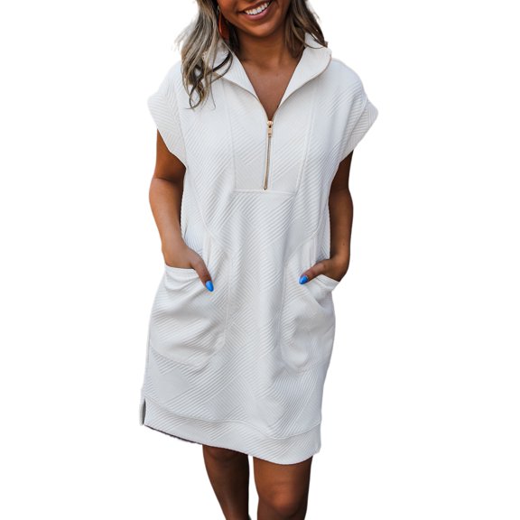 Women's White Textured Half Zip Collared Cap Sleeve Mini Dress with Pockets - [ZhiHiMeRi] | (US 12-14)L