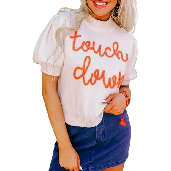 Women's White Touchdown Tinsel Puff Short Sleeve Crew Neck Sweater