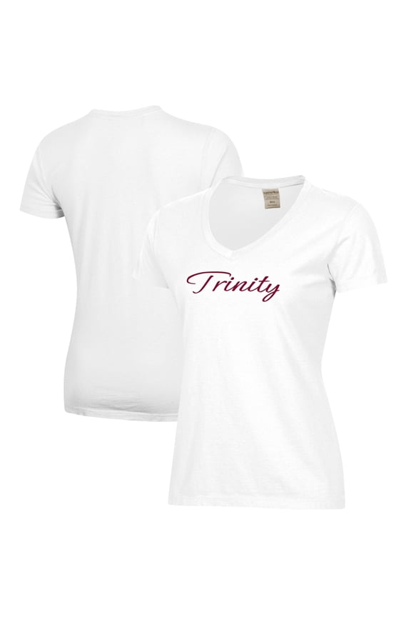 Women's  White Trinity Tigers Script Logo Comfort Wash V-Neck T-Shirt