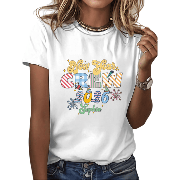 Women's White Tshirt Graphic Tees Shirts 2026 New Year Crew Custom Name Colorful Pattern Design Casual Tops S-5XL