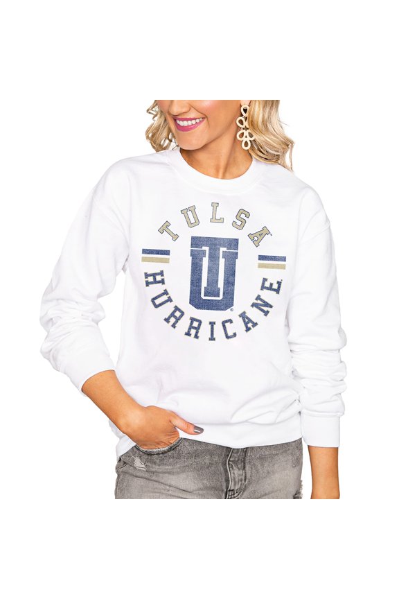 Women's Gameday Couture White Tulsa Golden Hurricane Oversized Vintage Days Perfect Crew Sweatshirt
