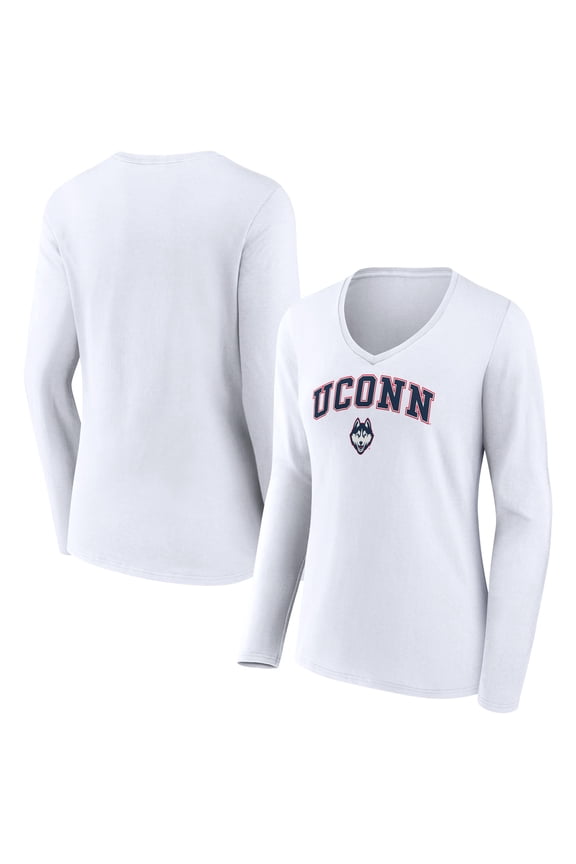 Women's White UConn Huskies Campus Long Sleeve V-Neck T-Shirt