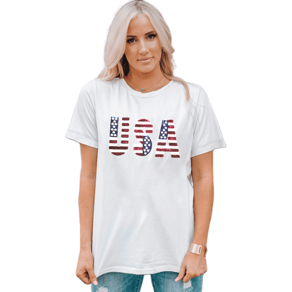 Women's White USA Flag Sequin Patched Round Neck T Shirt