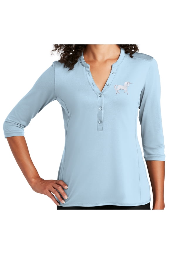Women's White Unicorn 5-button 3/4 Sleeve Henley Shirt, 3XL Cloud Blue