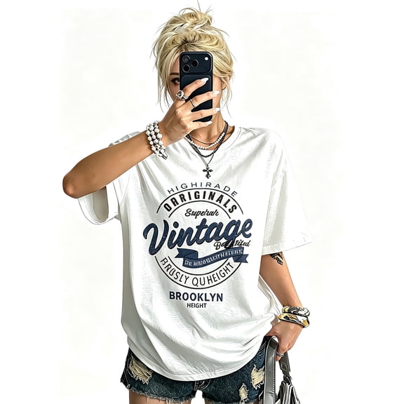 Women's White Vintage Brooklyn Graphic T-Shirt, Crew Neck Oversized Casual Top