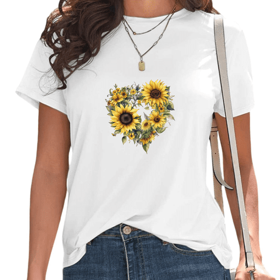 Women's White Vintage Sunflower Heart Print T-Shirt Casual Short Sleeve Tees for Cottagecore Floral Gift Tops S-5XL