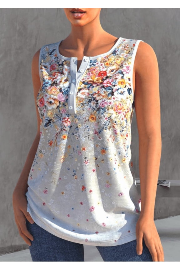Women's White Watercolor Floral Print Sleeveless Tunic Top, Henley Neck Loose A-Line Casual Tank Top