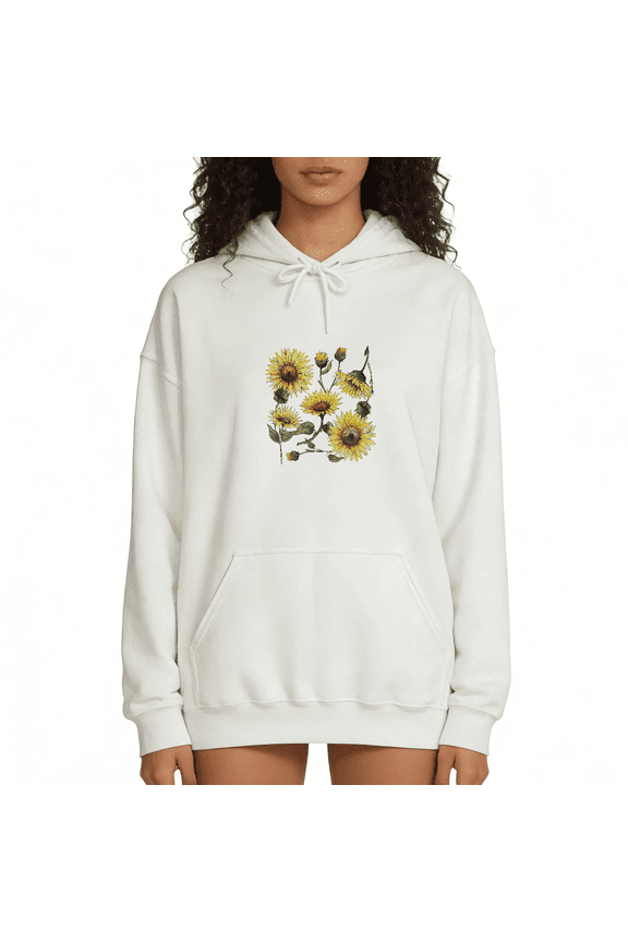 Women's White Watercolor Sunflower Bouquet Print Hoodie Graphic Sweatshirt Casual Pullover Hooded Sweatshirt for Boho Style Floral Garden Tops S-2XL