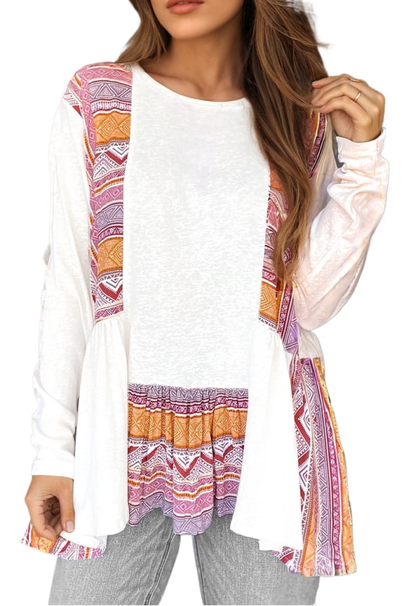 Women's White Western Aztec Print Patchwork Ruffled Tunic Long Sleeve Babydoll Top | [ZhiHiMeRi] | (US 12-14)L