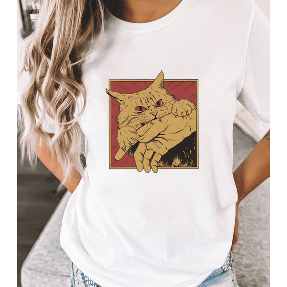 Women's White Whimsical Angry Cat Design Print Tshirt S-5XL Daily Wear Graphic Tees Shirts Tops