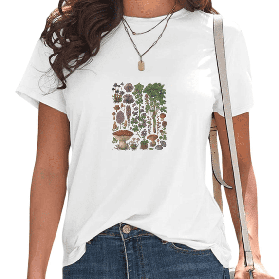 Women's White Whimsical Mushroom Floral Chart Print T-Shirt Casual Short Sleeve Tees for Boho Mycology Gift Tops S-5XL